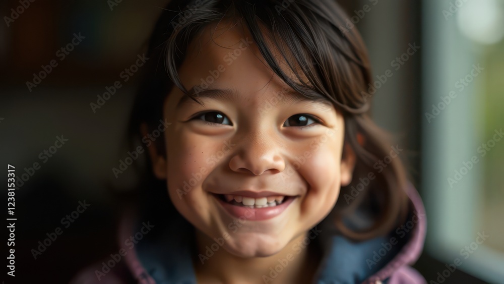 Happy young girl in a purple hoodie smiling at the camera by the window. Happy young girl in a purple hoodie smiling at the camera by the window.