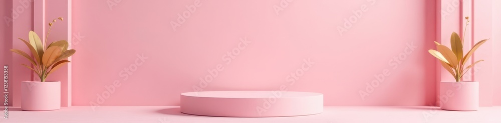 Obraz premium Pastel pink podium, gold accents, minimalist design, texture, shelf