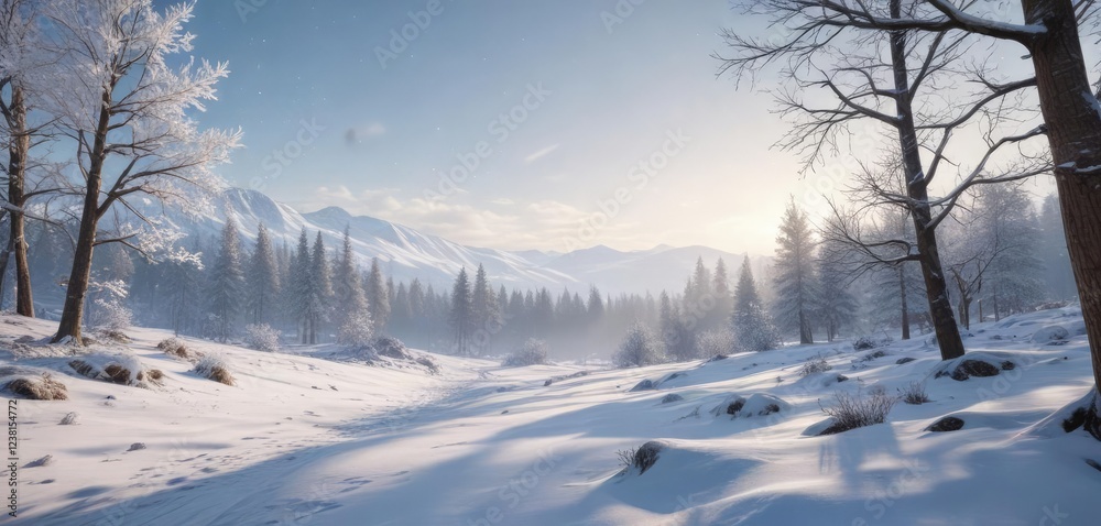 Obraz premium Snowflakes falling gently on a winter landscape, peaceful sky, snowflakes