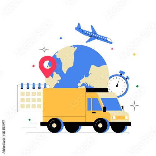 Global Logistics With Delivery Truck, Airplane, Calendar, And World Map. Flat Vector Illustration About International Shipping, Supply Chain, And Worldwide Distribution, Isolated On White