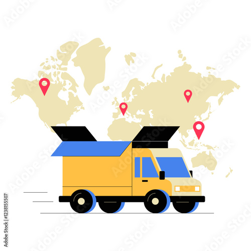 Delivery Truck With Global Tracking in Flat Vector Illustration Symbolizing International Shipping, Logistics, and E Commerce, Isolated on White Background