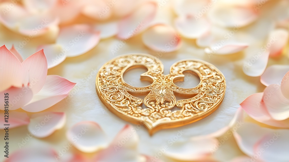 Obraz premium Golden Heart Shaped Ornament Amidst Lotus Petals