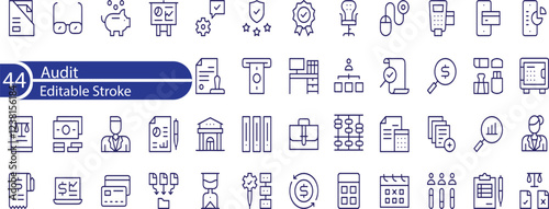 Audit Line Editable Icons set. Vector illustration in thin line modern style of inspection related icons: documentation, auditor, checkmark, and more.