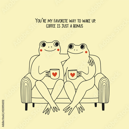 Vector black, red and white illustration with couple frogs in love sitting on sofa and holding cups with tea or coffee. Romantic print design, greeting card template, home or bar wall decoration typo