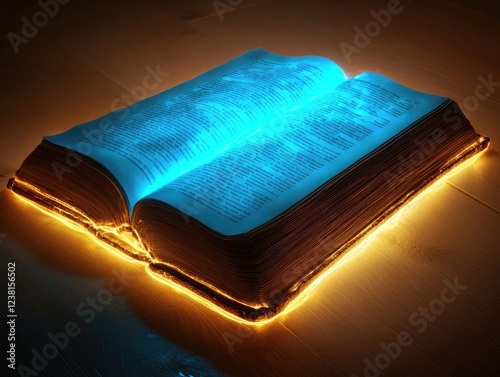 Open book with glowing pages illuminating its knowledge and magical stories photo