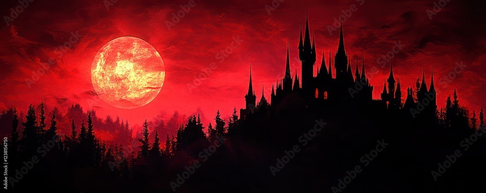 Abstract depiction of a vampire's castle silhouetted against a crimson sky Abstract depiction of a vampire's castle silhouetted against a crimson sky