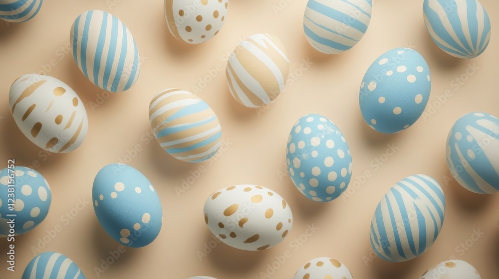 Blue and beige Easter eggs on a beige background, top view, Easter pattern Blue and beige Easter eggs on a beige background, top view, Easter pattern