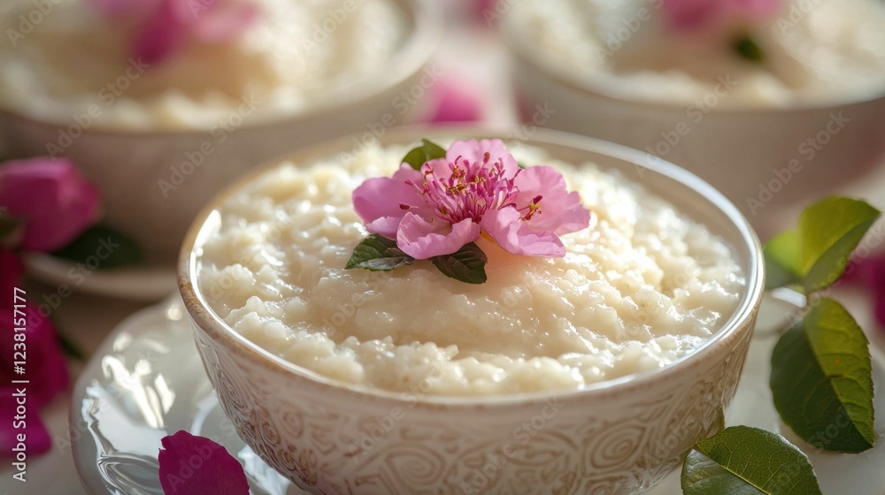 Creamy Rice Pudding Served with Flower Garnish and Fresh Leaves Creamy Rice Pudding Served with Flower Garnish and Fresh Leaves