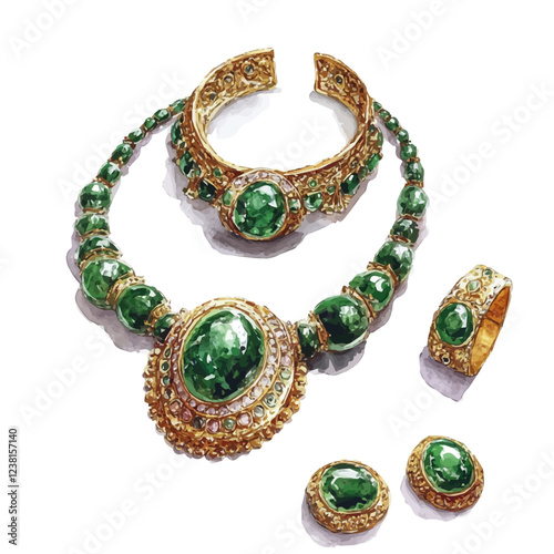 An artistic depiction of a Mongolian-inspired emerald jewelry set, showcasing traditional craftsmanship and rich green emeralds, captured in watercolor.

