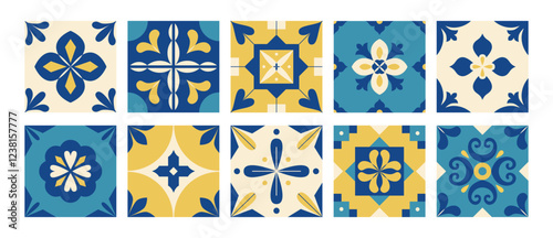 Mediterranean tile blue pattern. Floral geometric arabesque. Italian, Portuguese, Spanish, Greek tiles background in traditional style. Wall and floor interior design. Mosaic. Vector.