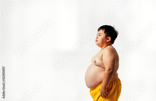 Overweight Asian boy stands against plain white background. Child overweight with large belly, shows health issues. Photo useful for health care concept. Image suitable for diet weight loss programs.
