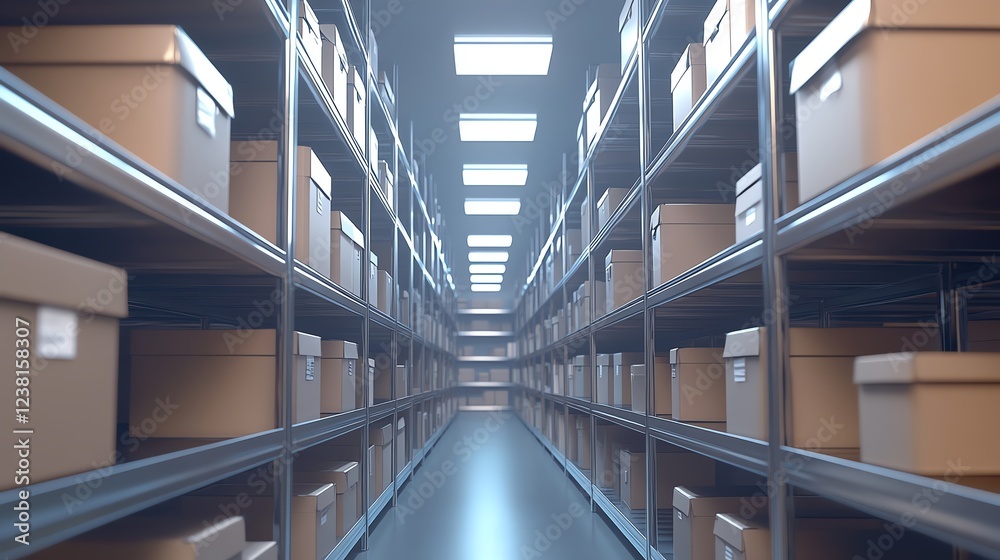 Fototapeta premium Storage shelves filled with cardboard boxes.
