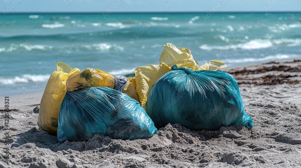 A beach cleanup scene with trash bags and cleaned-up sand, showcasing efforts to protect the ocean. A beach cleanup scene with trash bags and cleaned-up sand, showcasing efforts to protect the ocean.