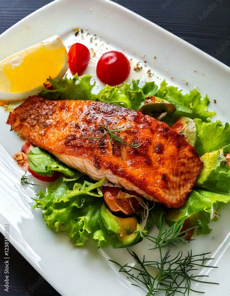 Delicious Grilled Salmon with Fresh Greens, Balsamic Glaze, and Guacamole on the Side Delicious Grilled Salmon with Fresh Greens, Balsamic Glaze, and Guacamole on the Side