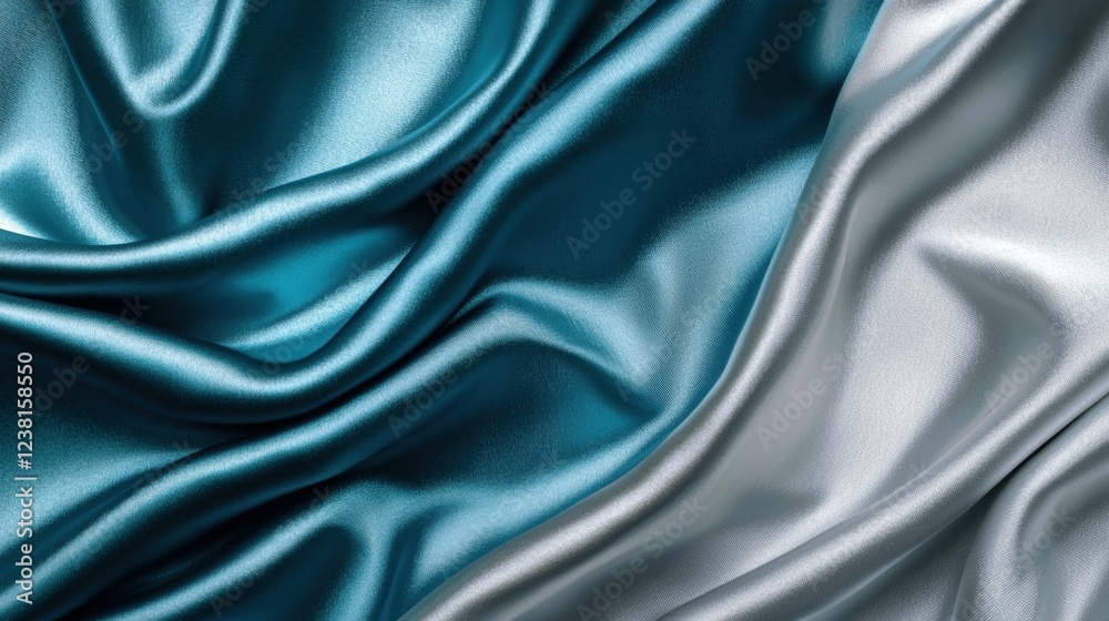 Fototapeta premium Elegant Satin Fabric in Vivid Teal and Silver Texture Close-Up