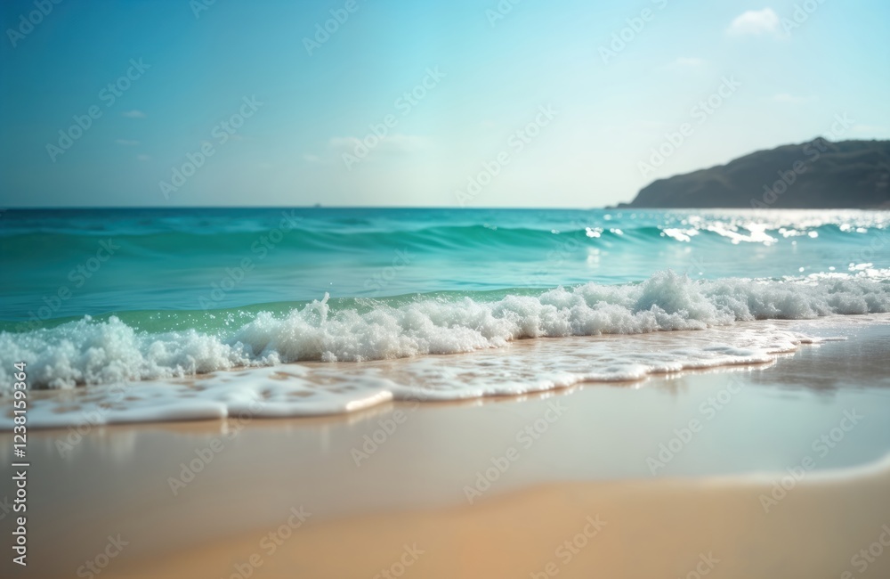 Fototapeta premium Gentle ocean waves smoothly roll toward shore. Transparent blue water glistens under sunlight. Blurred sand creates soft foreground. Peaceful seascape. Ideal for vacation travel posters. Calm summer