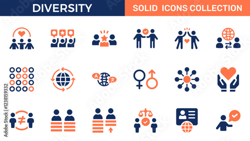 Diversity icon set. Containing equality, culture, languages, tolerance, difference, belonging, human rights and ethnicity icons. Solid icon collection. Vector illustration.