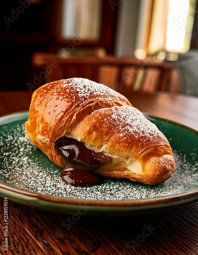 Delicious Croissant with Melted Chocolate Center, Served on a Vibrant Green Plate