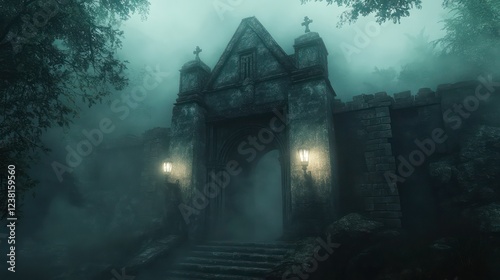 Ancient crypt entrance shrouded in mist and eerie lighting