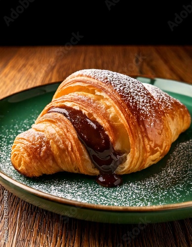 Golden-Brown Croissant with Rich Chocolate Filling and Powdered Sugar for a Sweet Treat