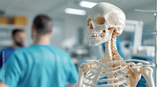 Wallpaper Mural A medical skeleton model in a clinical setting with blurred figures in the background. Torontodigital.ca