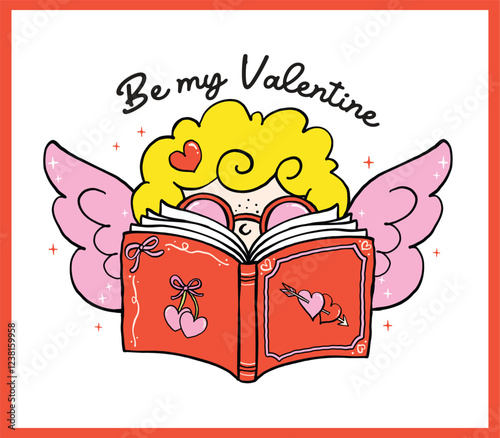 Retro Valentine Bookish Cupid Reading Book Whimsical Bold Lined Hand Drawn