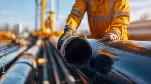 Wallpaper Mural A worker in a yellow jacket handles large black pipes at a construction site. Torontodigital.ca