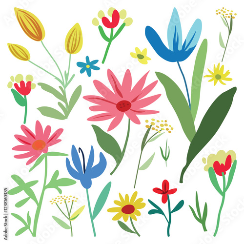 Set of hand drawn fantasy flowers. Multicolored flowers and branches. Children's drawing.