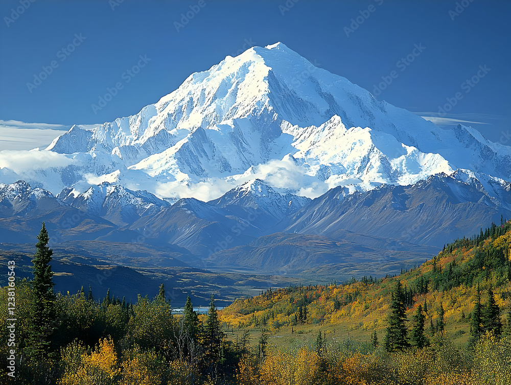 Fototapeta premium Majestic Denali: Alaska's Breathtaking Snow-Capped Peak, Autumn Colors