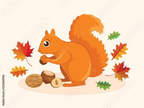 Cute red squirrel with nuts and autumn leaves vector illustration. Adorable orange squirrel holding acorn in autumn colored leaves vector illustration in cartoon style