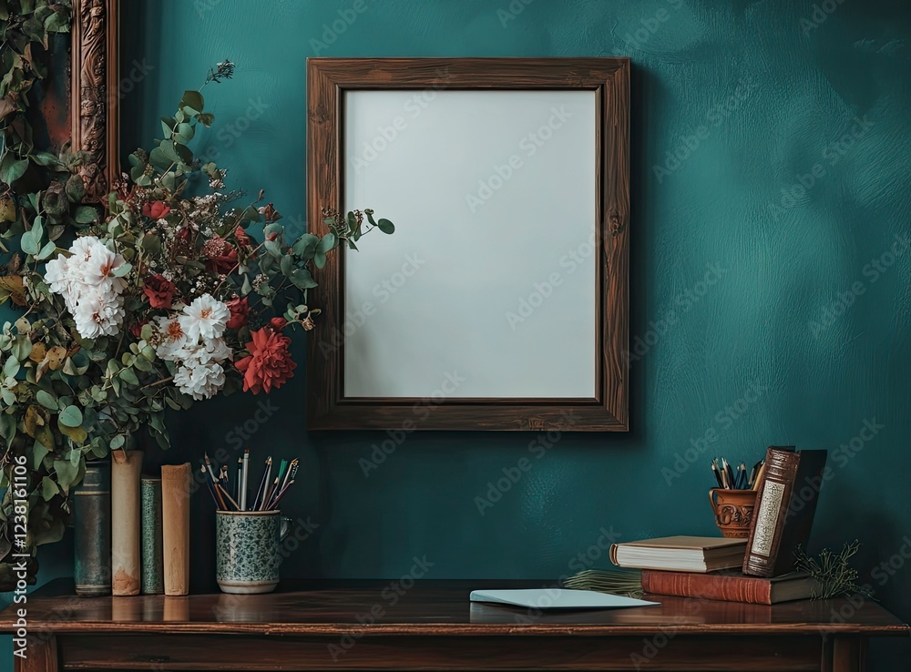 A photograph of a blank frame on the wall, next to it is an elegant vase with flowers and books. On top, there is a desk with stationery. A photograph of a blank frame on the wall, next to it is an elegant vase with flowers and books. On top, there is a desk with stationery.