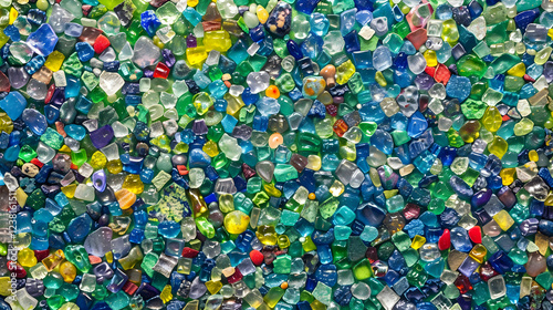 A vibrant collection of colorful glass beads and fragments, showcasing texture and variety.
