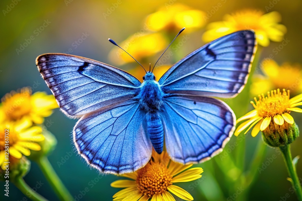 Vibrant Butterfly on Sunlit Bloom: Macro Photography of a Blue Butterfly on a Yellow Flower Vibrant Butterfly on Sunlit Bloom: Macro Photography of a Blue Butterfly on a Yellow Flower