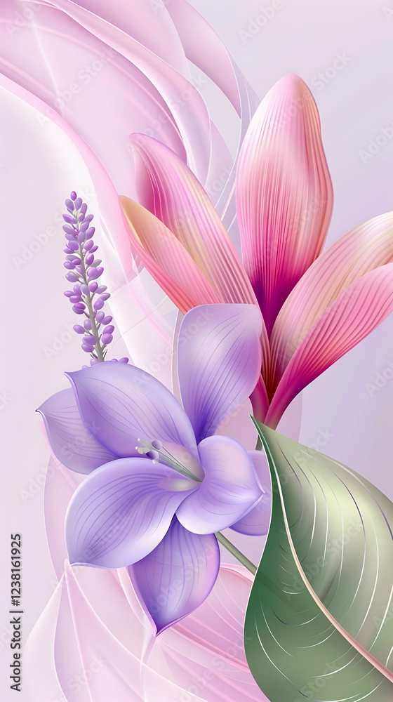 Fototapeta premium A vibrant digital illustration of colorful flowers with soft, flowing backgrounds.