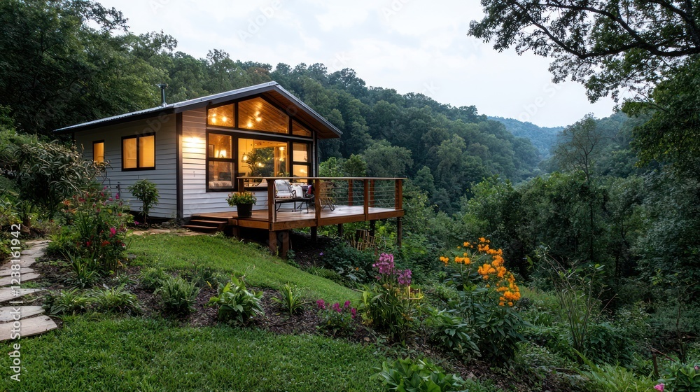 A cozy house with a deck overlooking a lush green valley and colorful flowers.