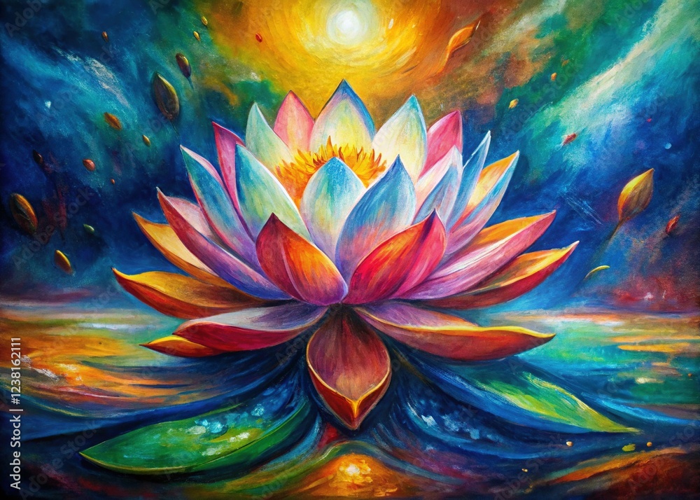 Vibrant Abstract Oil Painting of a Lotus Flower - Spiritual Art, Buddhist Symbolism Vibrant Abstract Oil Painting of a Lotus Flower - Spiritual Art, Buddhist Symbolism