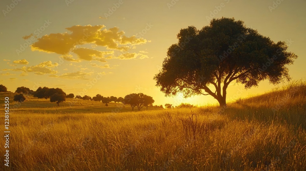 Savannah grassland nature idea. A stunning sunset over a serene landscape with a solitary tree and golden grass. Savannah grassland nature idea. A stunning sunset over a serene landscape with a solitary tree and golden grass.