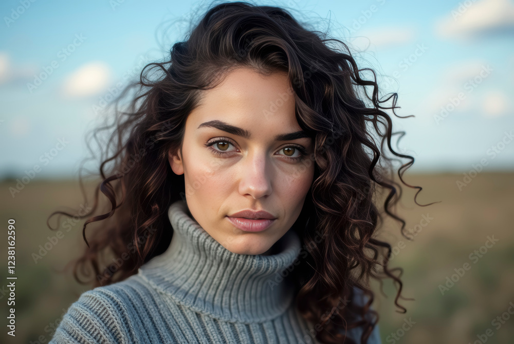 Fototapeta premium Portrait of a beautiful young girl in a gray sweater.