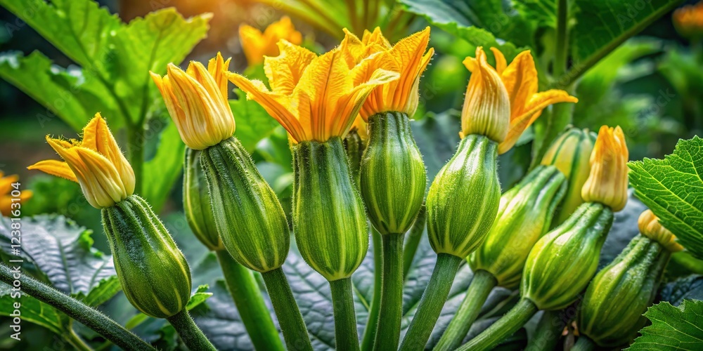 Vibrant Zucchini Blossoms Growing in a Lush Garden - Italian Summer Harvest Vibrant Zucchini Blossoms Growing in a Lush Garden - Italian Summer Harvest