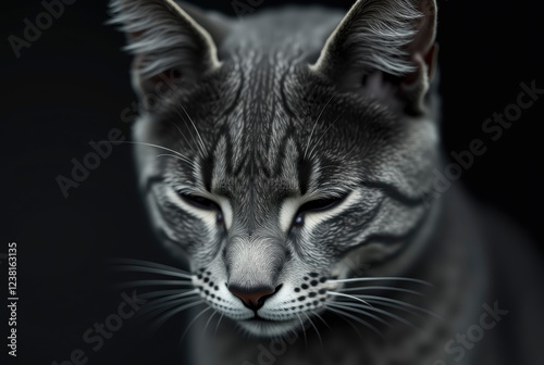 Intense grey cat portrait with dark background photo