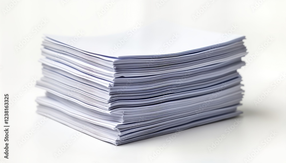 Stacked business documents on white surface. Many sheets of white paper create high pile. Documents organized, appear ready for review. High quantity of papers. Workplace related concept. Office Stacked business documents on white surface. Many sheets of white paper create high pile. Documents organized, appear ready for review. High quantity of papers. Workplace related concept. Office