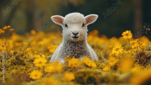 Little sheep among flowers. Little curly lamb in nature.