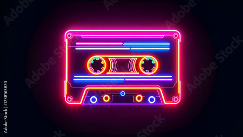 Neon cassette. Nostalgia of the 90s. Audio cassette for listening to music, Illustration Background Wallpaper 