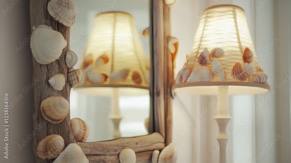 Seashell Decorated Driftwood Mirror and Lamp Reflecting Coastal Style