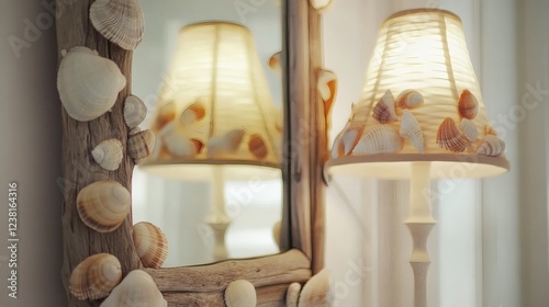 Obraz na płótnie Seashell Decorated Driftwood Mirror and Lamp Reflecting Coastal Style w salonie