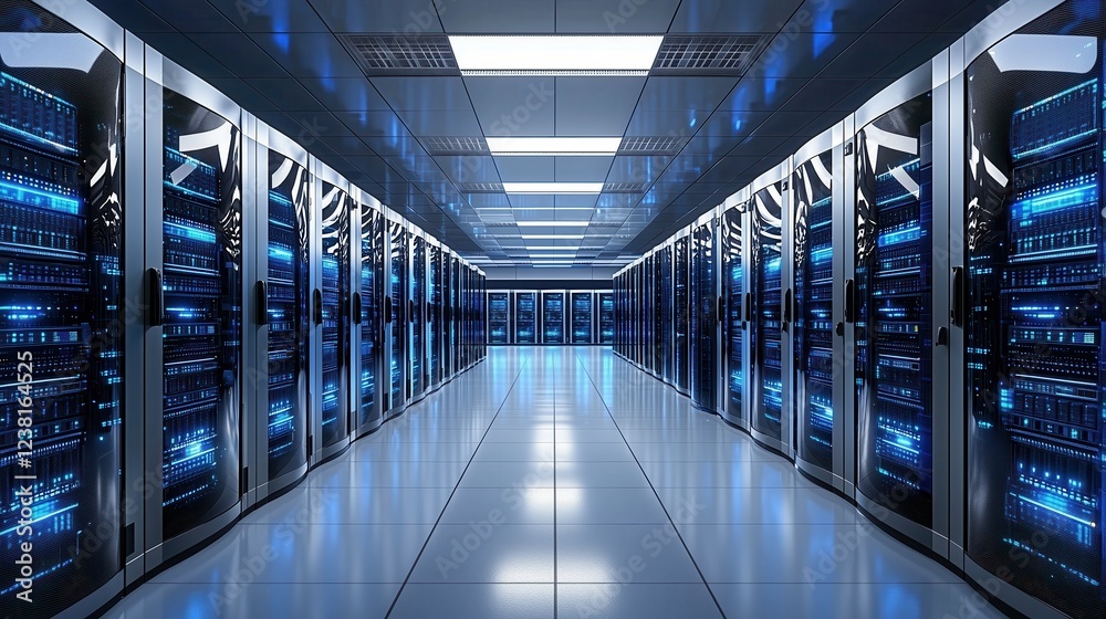 Fototapeta premium Futuristic Data Center Interior with Illuminated Server Racks and Bright Blue Lighting in a Modern Environment