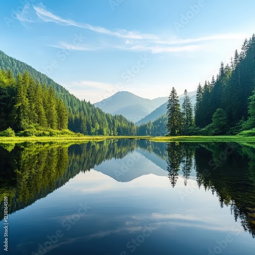 A serene lake surrounded by trees and mountains