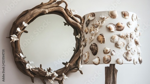Coastal Chic Driftwood Mirror and Seashell Lamp Set