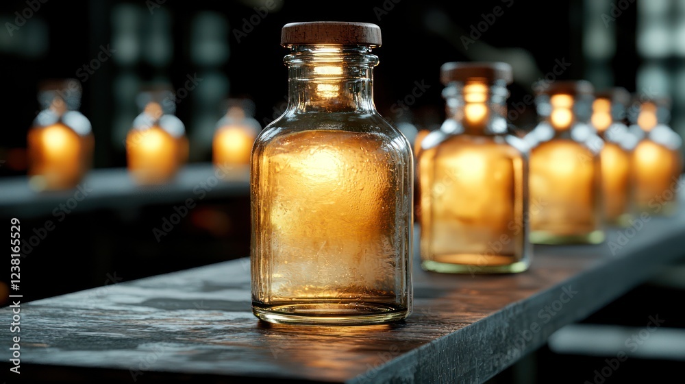 A close-up of a glass bottle emitting warm light, surrounded by similar bottles on a shelf. A close-up of a glass bottle emitting warm light, surrounded by similar bottles on a shelf.