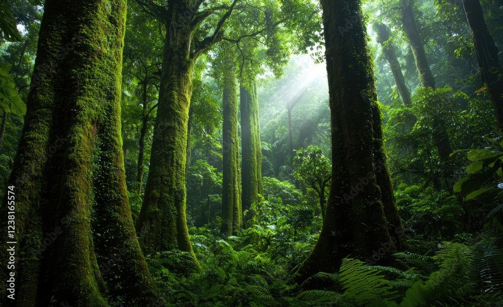Fototapeta premium Rainforest scenes nature concept. Lush green forest with towering trees and soft sunlight filtering through the leaves.
